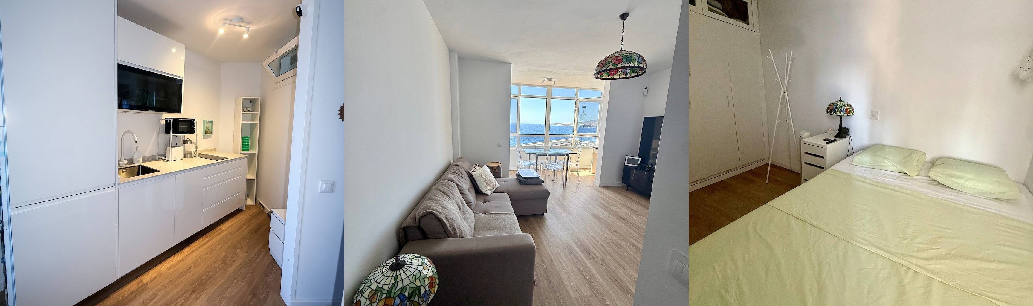 Three photos side by side: the white kitchen, the living room and the bedroom