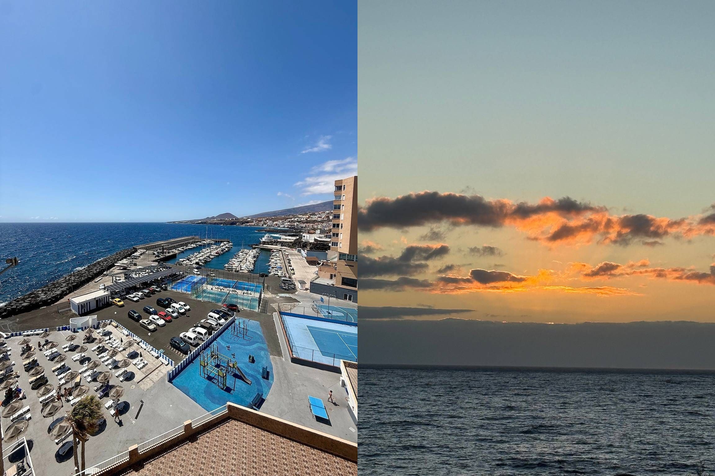 Two photos side by side: the harbour from above and a sunrise over the sea